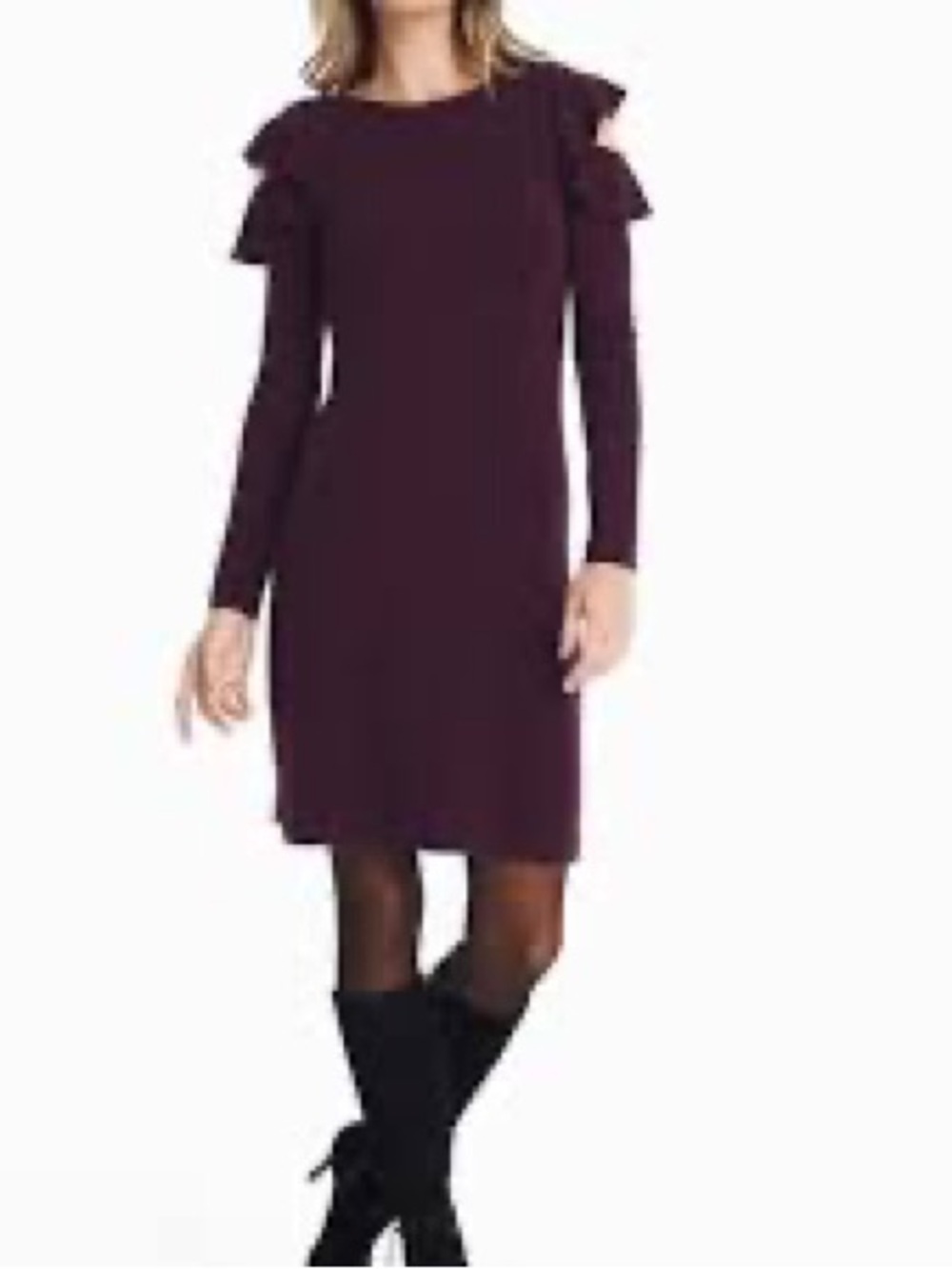 White House Black Market Plum Ruffle-cold Shoulder Long-Sleeve Dress 254
